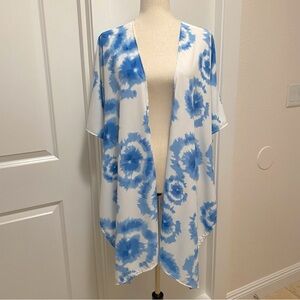 Abstract Tie Dye Kimono Open Front Blue White Art To Wear One Size Unique Flowy